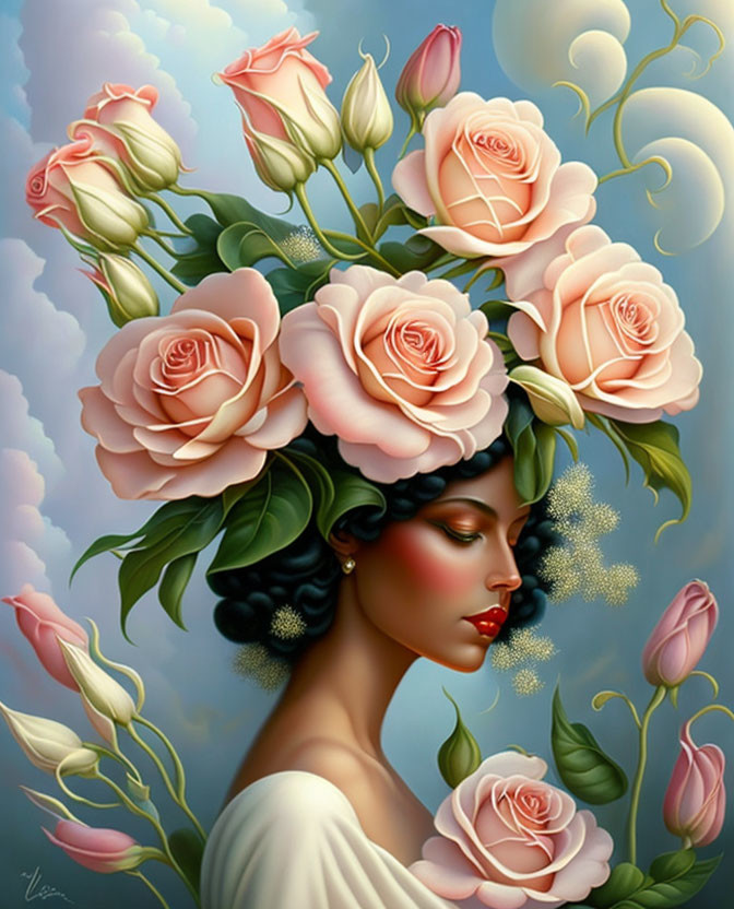 Woman with blooming roses in hair against cloudy sky backdrop