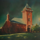 Dark sky over old tower and building with sloped roof, illuminated by street lamp next to trees