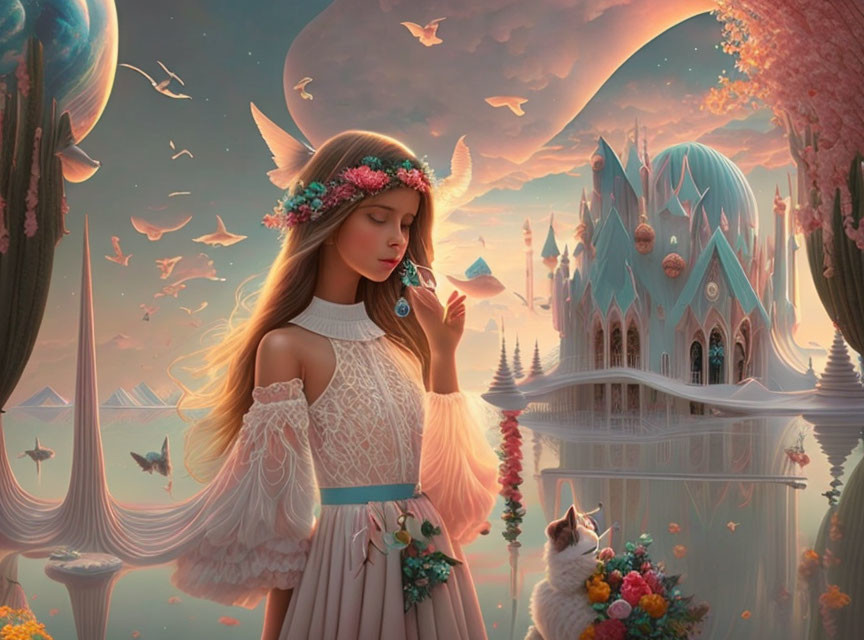 Girl with cat in floral crown near fantasy castle and floating islands under bird-filled sky