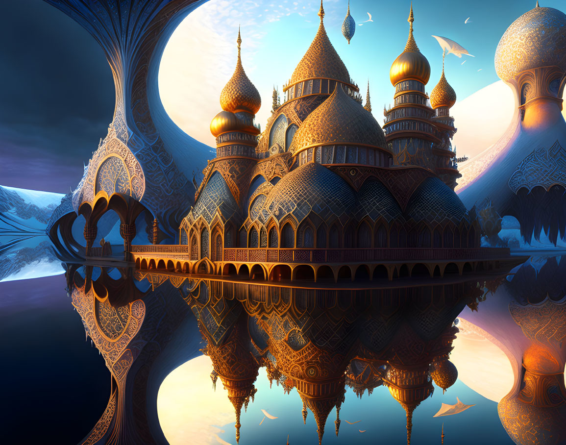 Ornate onion-domed fantasy landscape with snowy mountains and twilight sky