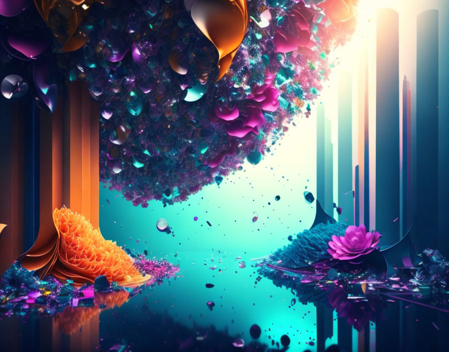 Colorful orbs, reflective floor, abstract shapes in surreal scene