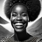 Monochrome digital portrait of joyful woman in African jewelry with pyramids and desert.