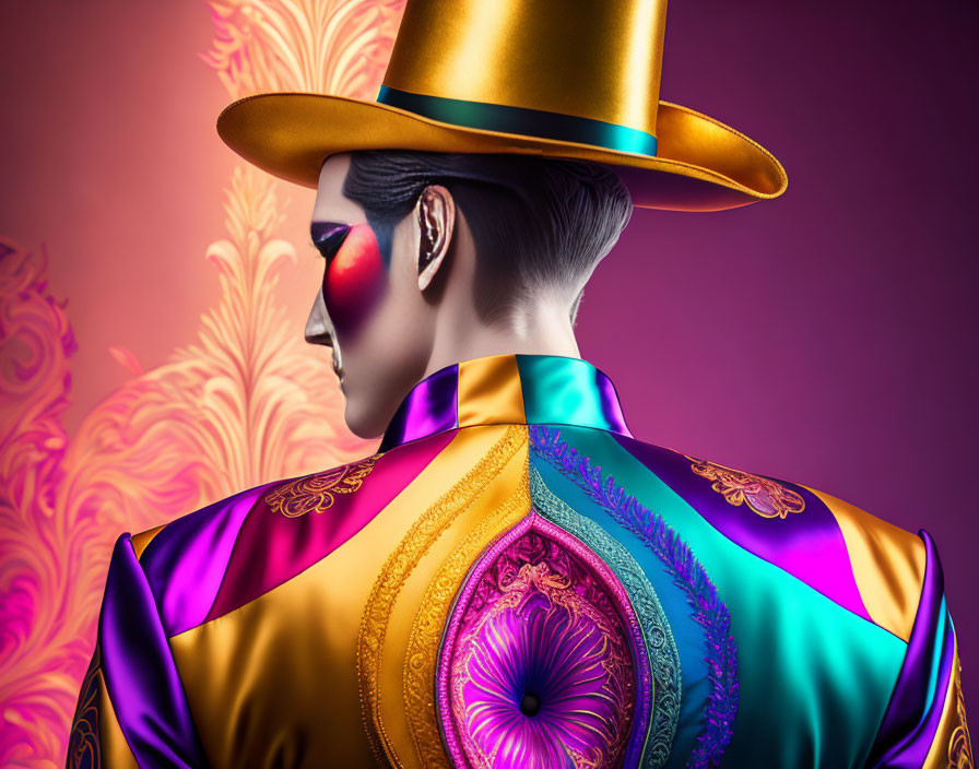 Colorful portrait of person with artistic makeup in multicolored suit and golden hat on purple ornate