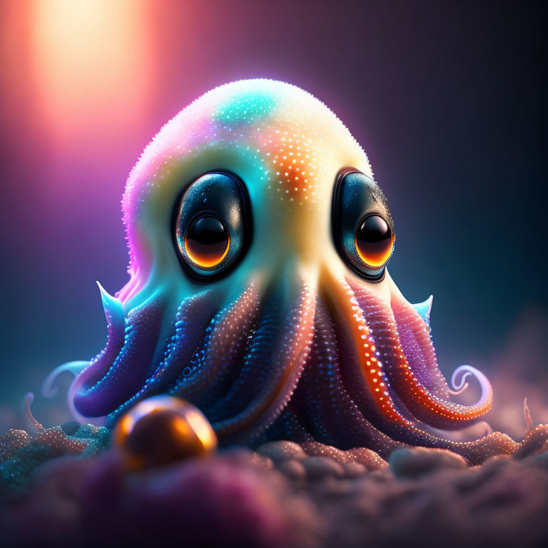 Vibrant octopus illustration with expressive eyes on dark background