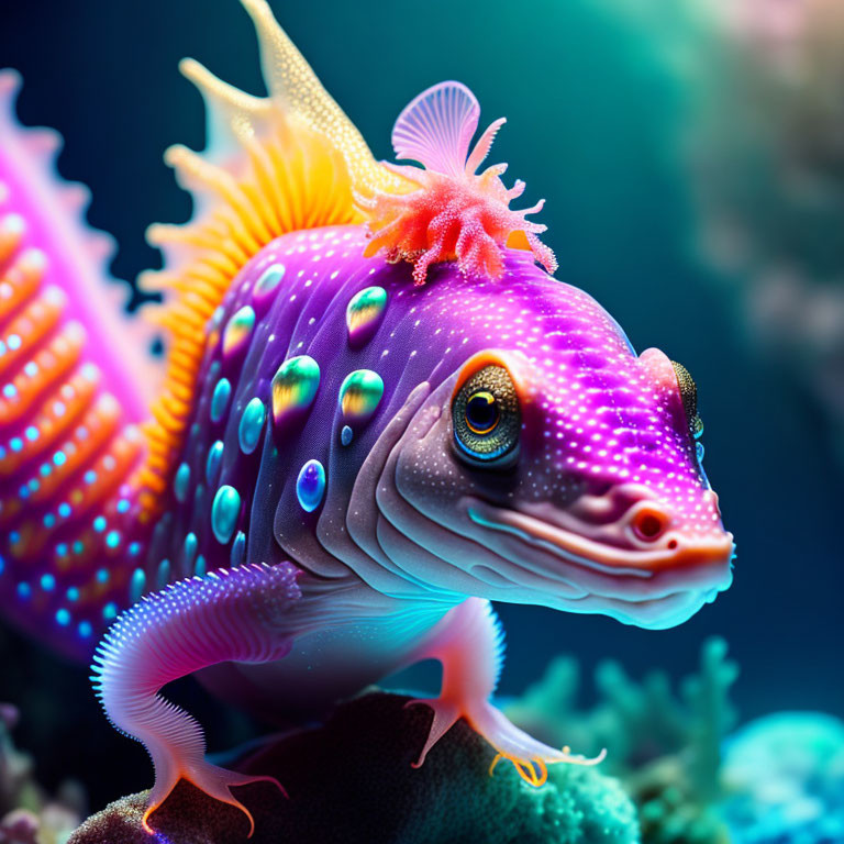 Vibrant Purple Fish Artwork with Iridescent Spots and Fantastical Fins