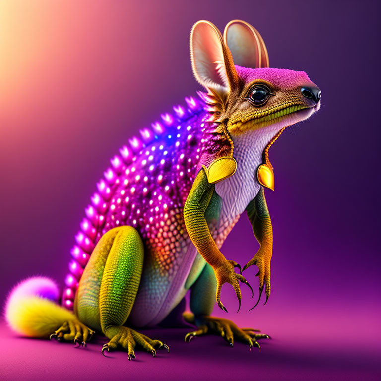 Colorful fantastical creature with kangaroo face and lizard body on purple background