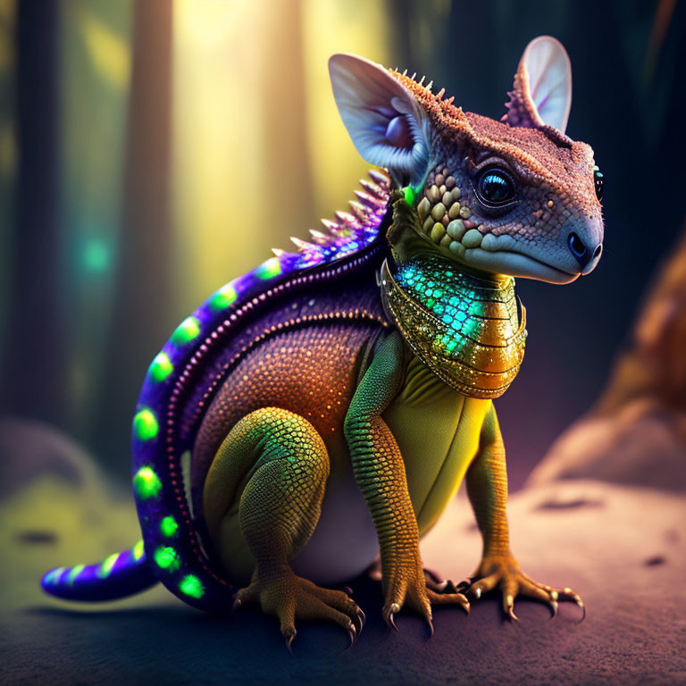 Colorful lizard-dragon creature in mystical forest landscape