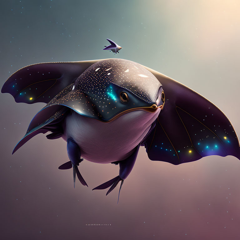 Surreal penguin illustration with cosmic wings and small bird on head