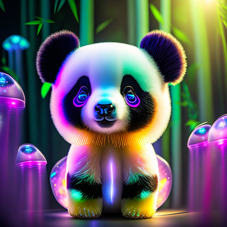 Colorful Stylized Panda Illustration with Neon Hues and Glowing Orbs Against Noct
