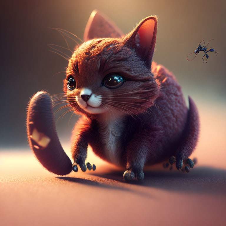 Whimsical digital artwork of furry cat-like creature with big eyes and tiny robot