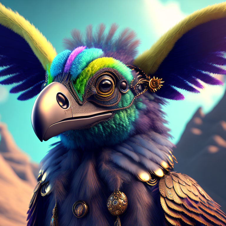 Colorful mechanical bird with metal feathers and gears against mountain backdrop