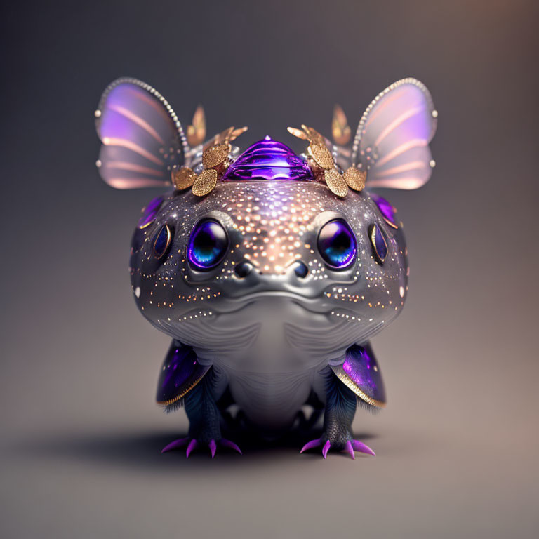 Colorful 3D illustration of frog-like creature with purple wings and golden accents