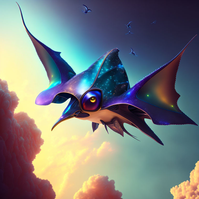 Colorful cosmic manta ray illustration with glowing eyes in sunset sky