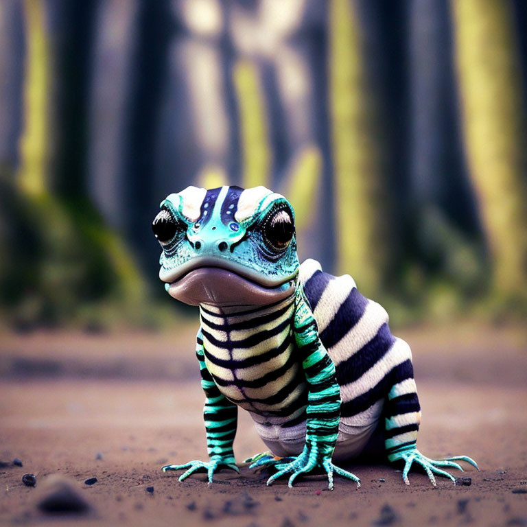 Colorful Frog with Blue Skin and Whimsical Designs in Forest Scene