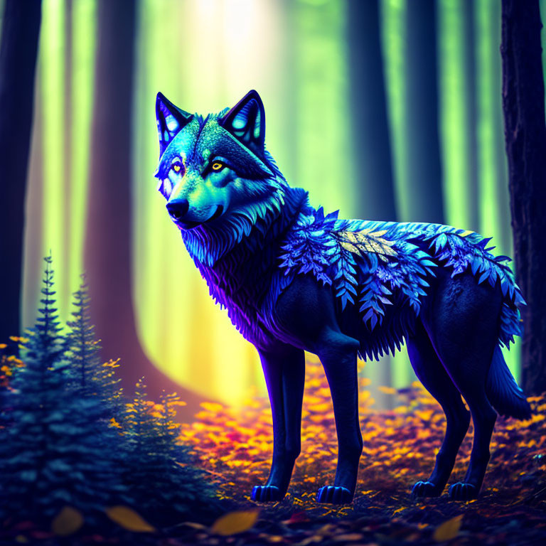 Digitally enhanced image of a blue and purple wolf in mystical forest