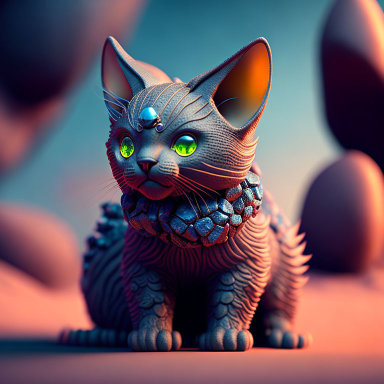 Stylized robotic cat with green eyes and gem on warm backdrop