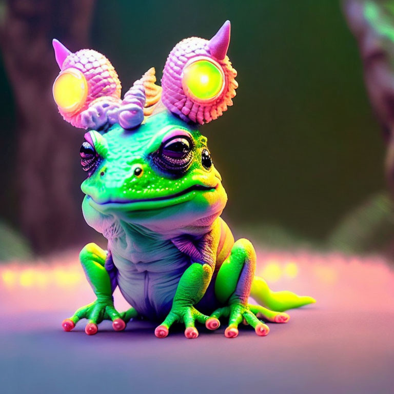 Colorful Toy Frog with Pink Eyes and Textured Skin under Neon Lighting