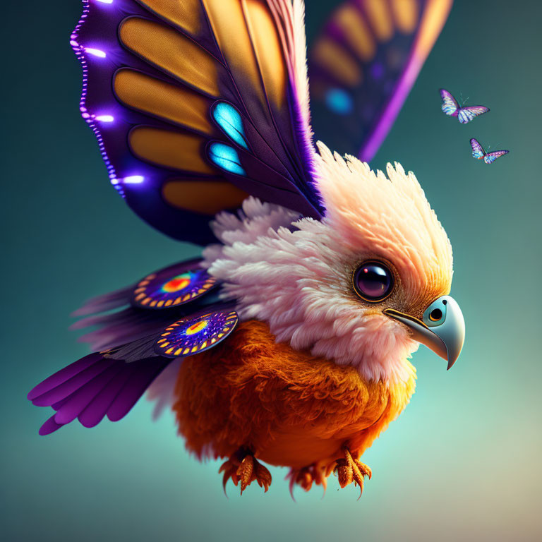 Colorful creature with bird body and butterfly wings in magical scene