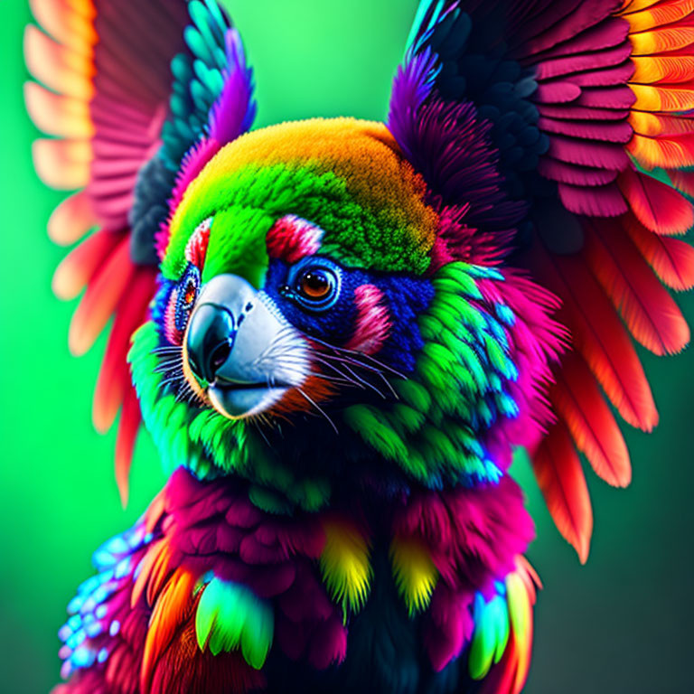 Colorful Parrot Image with Rainbow Feathers on Green Background