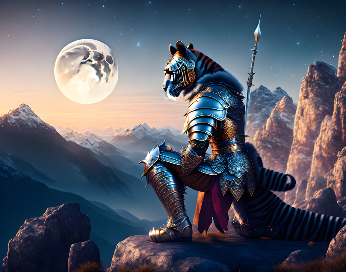 Anthropomorphic tiger warrior in ornate armor with spear under full moon.