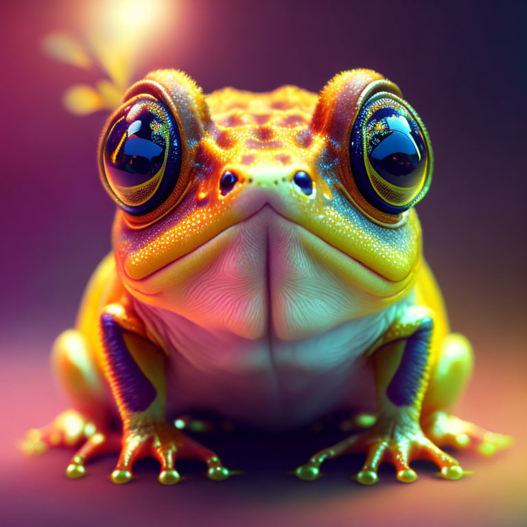 Colorful Frog with Reflective Eyes on Purple and Pink Background