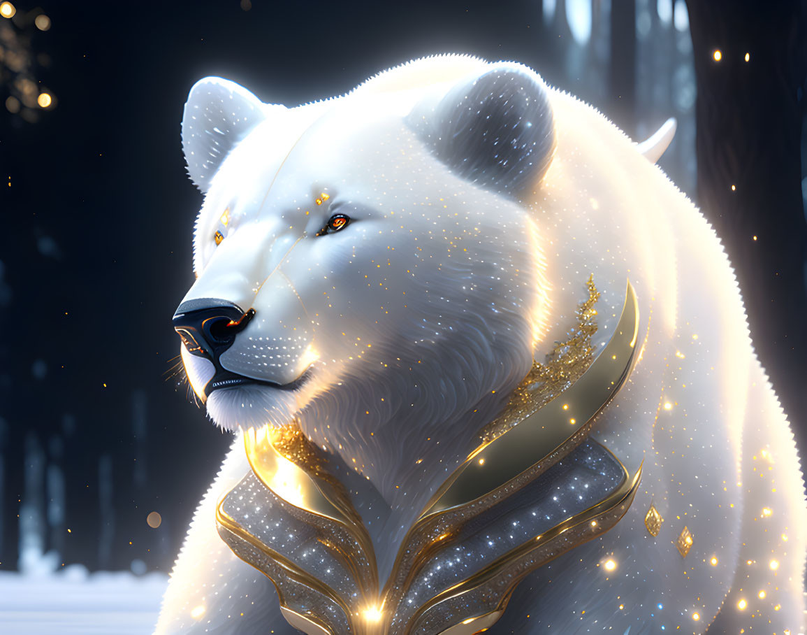 Majestic white bear with golden armor in snowy forest