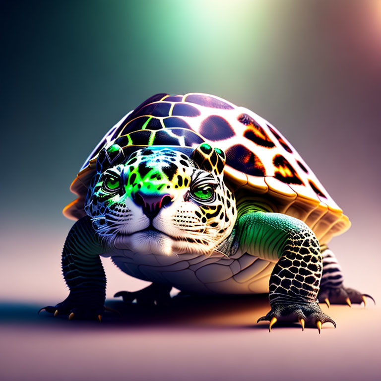 Digitally created creature with turtle shell and jaguar face in neon green and yellow.