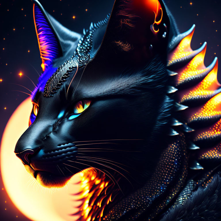 Digital art: Mythical black cat with blue eyes, ornate headgear, orange spikes, star
