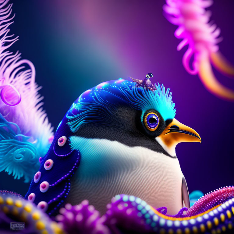 Colorful digital artwork: Bird with peacock feather details in underwater fantasy.