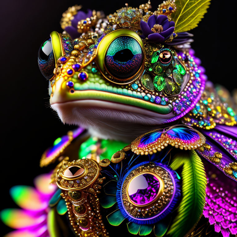 Colorful Jeweled Frog with Feathers and Flowers on Dark Background