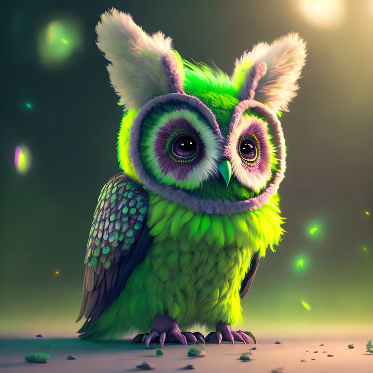 Colorful Stylized Green Owl Illustration with Expressive Eyes and Soft Glow