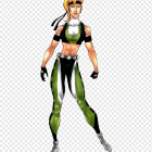 Female video game character in green and black outfit with gold accents