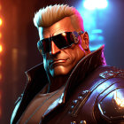 Stylized digital artwork of a man in sunglasses, cap, and leather jacket