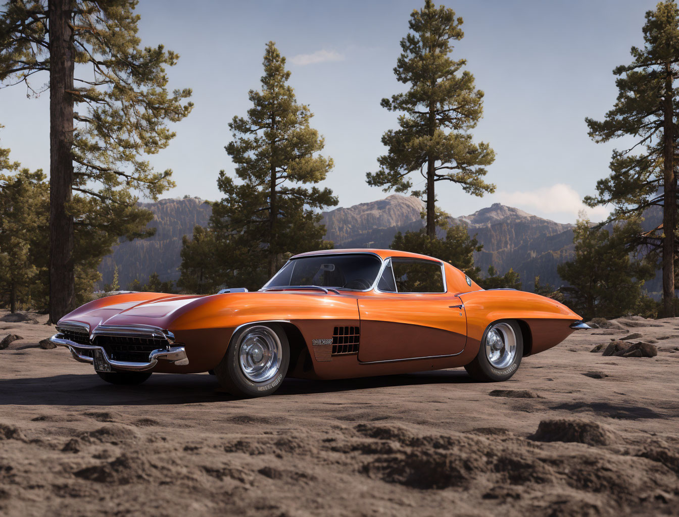 Vintage orange Corvette on dirt road surrounded by pine trees and mountains under clear blue sky