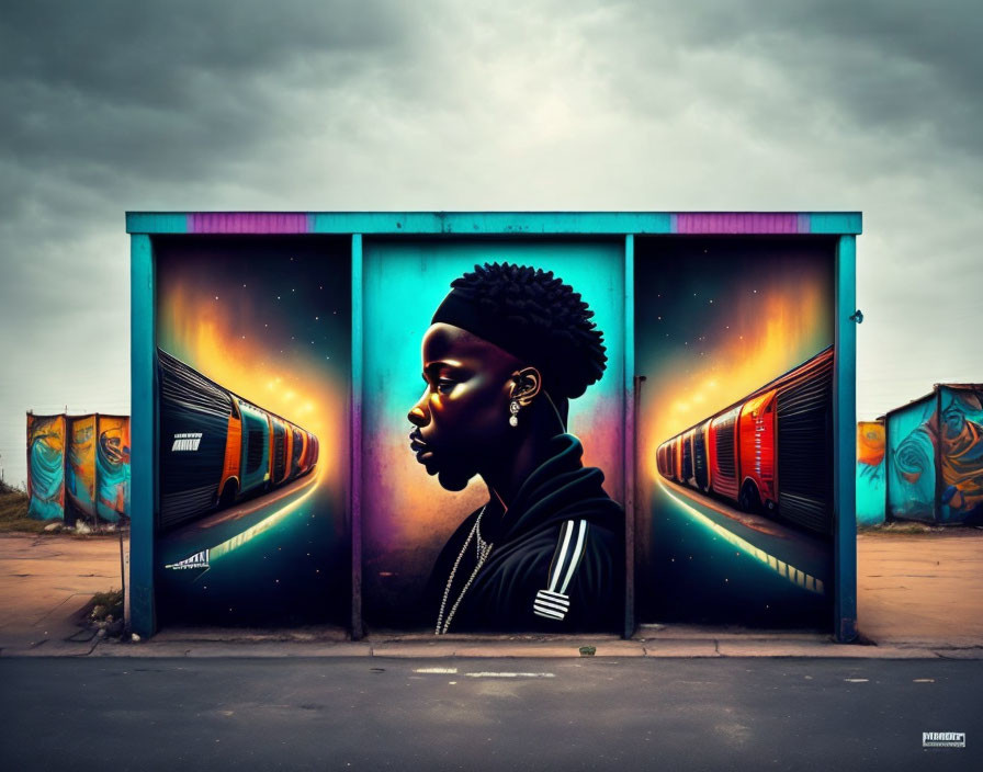 Colorful mural depicts person profile against space and train backdrop under cloudy sky