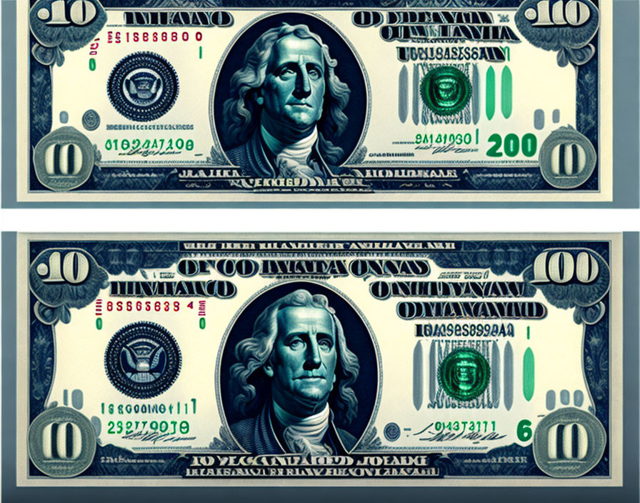 Two U.S. 100-dollar bills with unique serial numbers stacked.