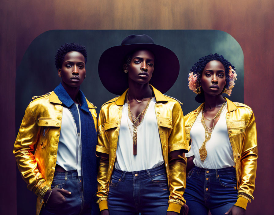 Three individuals in yellow jackets and denim, posing confidently on a dark backdrop