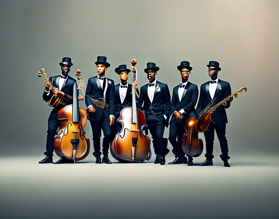 Animated jazz musicians in formal attire with instruments on gradient background