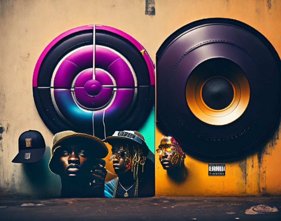 Colorful Vinyl Records and Oversized Speakers Display with Expressive Faces Hats