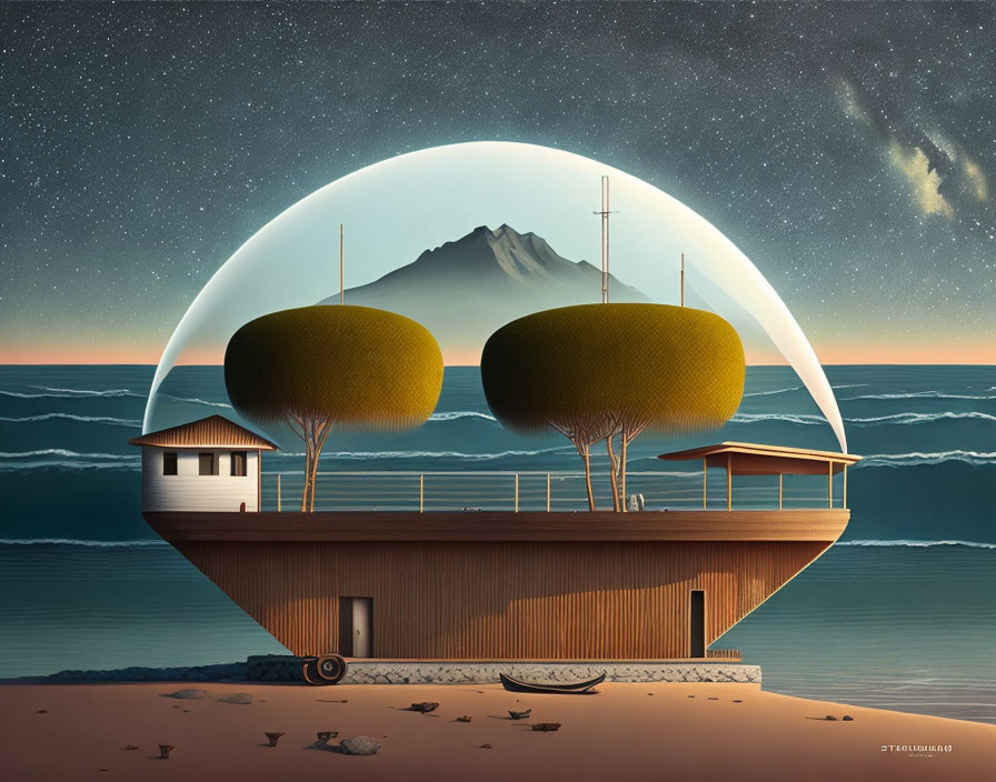 Surreal boat house with round trees under starry dome, sea and mountain backdrop