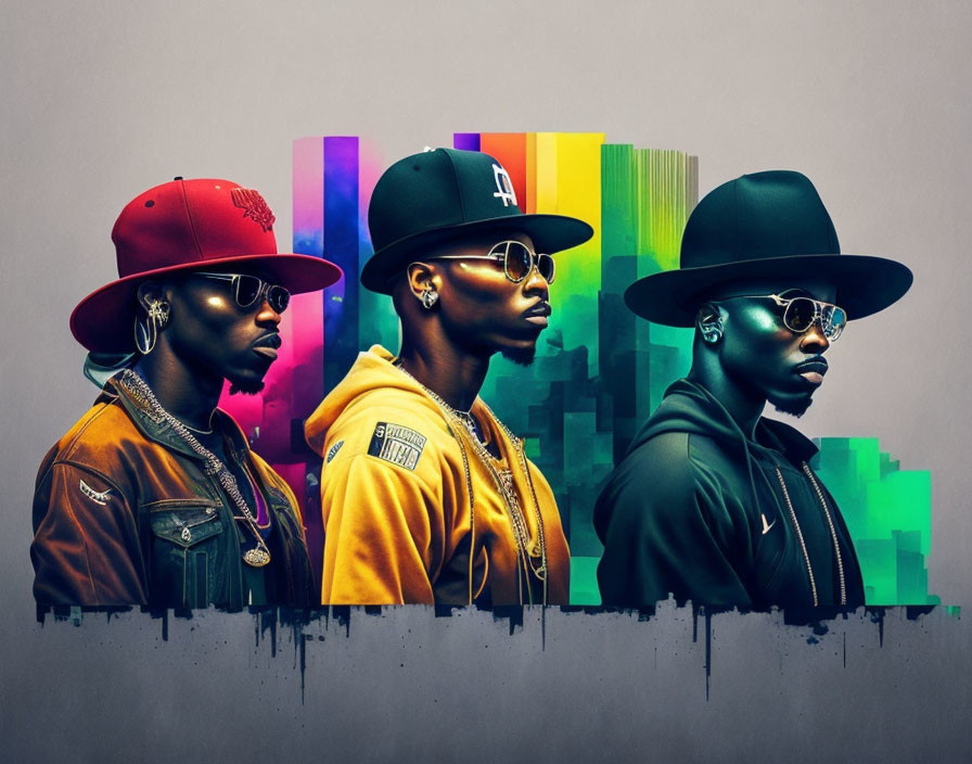 Stylized portraits of a man in fashionable outfits and hats on colorful abstract background