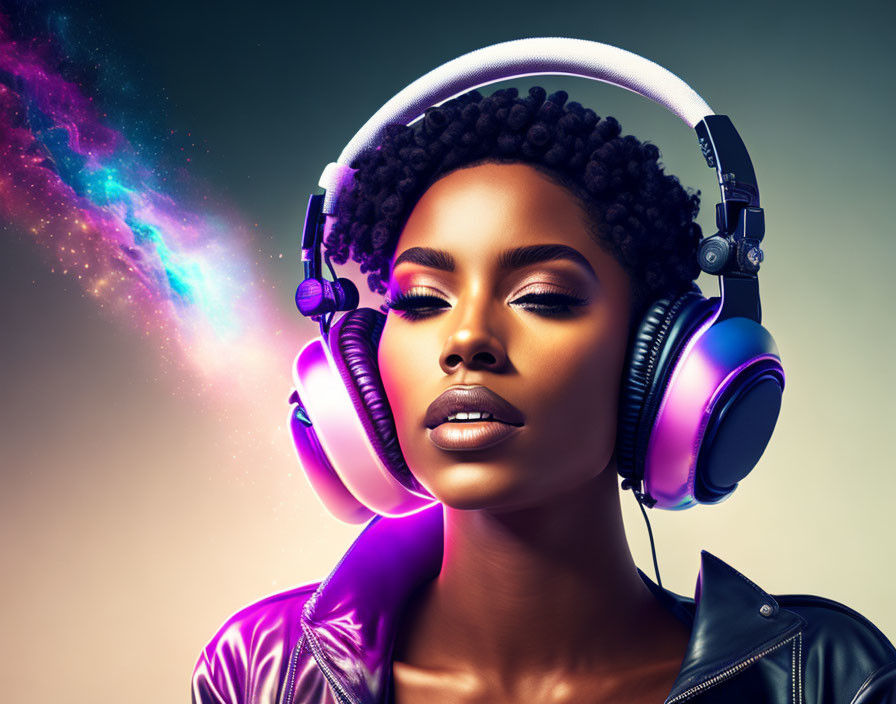 Woman with Afro Hair in Purple Jacket and Headphones with Vibrant Light Streak