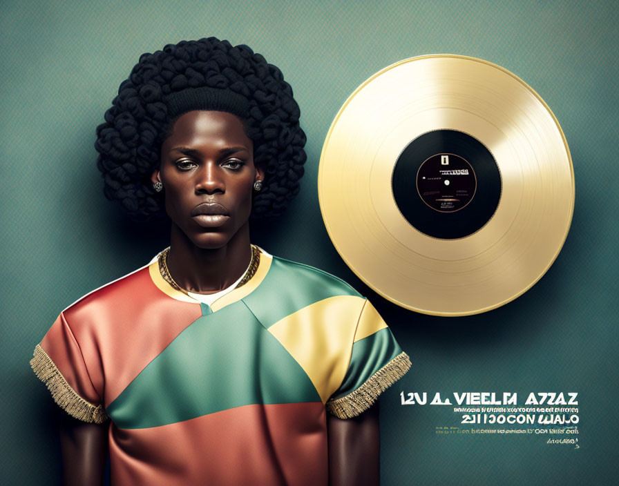 Elaborate Afro Hairstyle with Vinyl Record on Teal Background