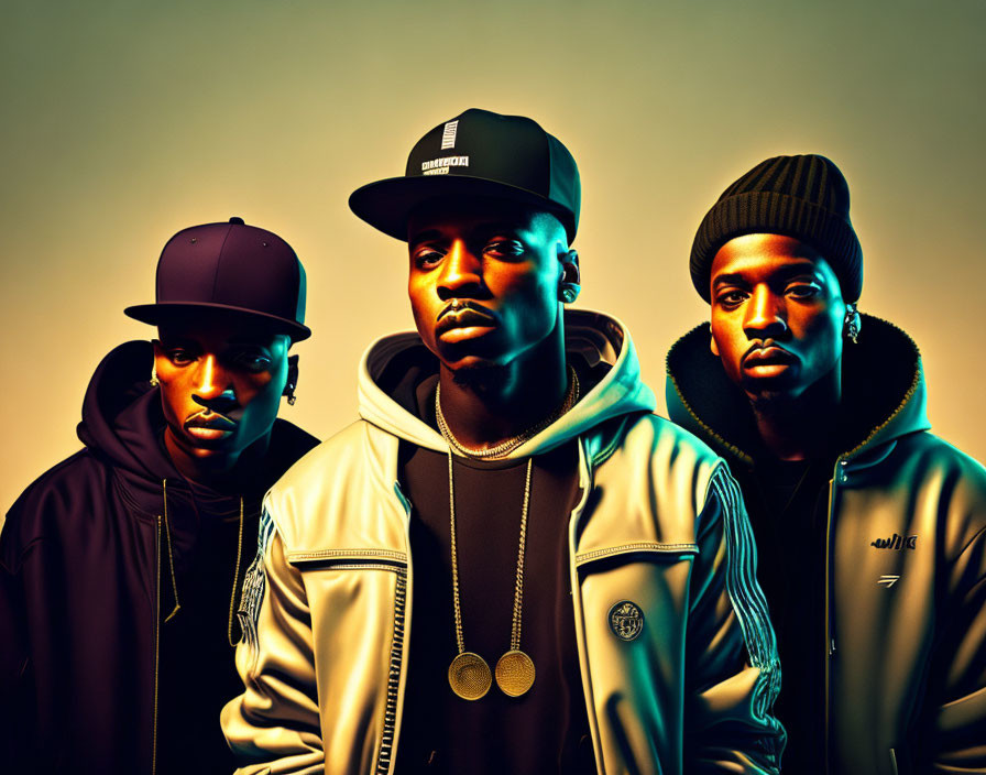 Three stern-faced men in streetwear posing against warm backdrop with caps, jackets, necklaces.