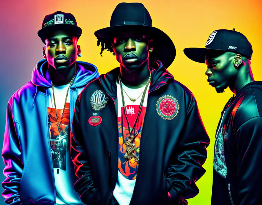 Three men in hip-hop attire on vibrant multicolored background