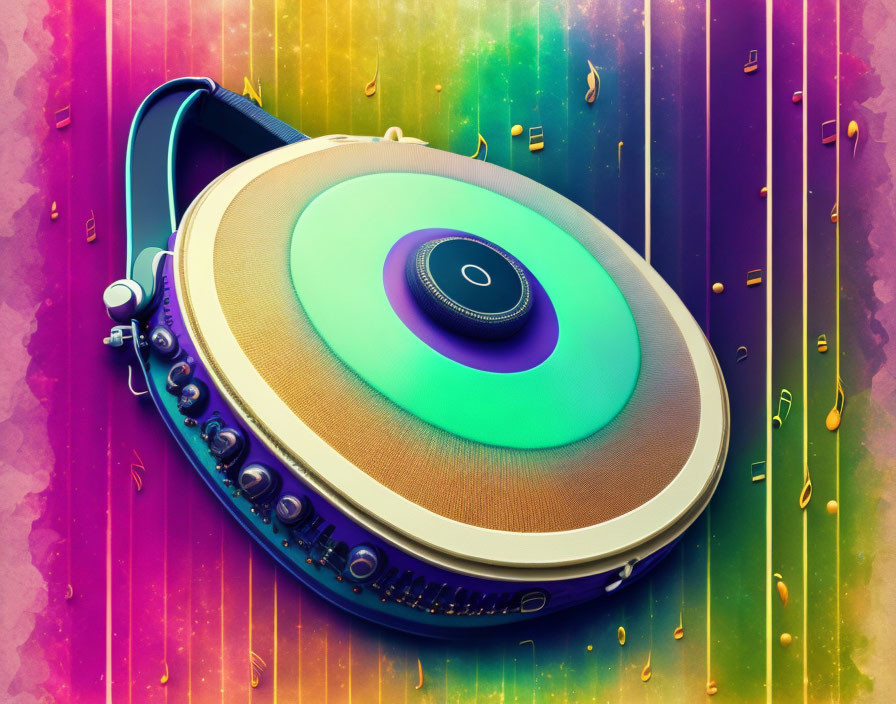 Vibrant robotic vacuum art on multicolored background with musical notes
