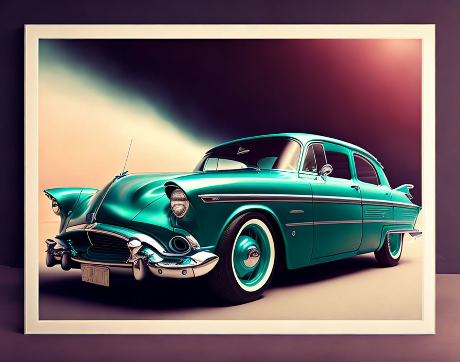 Classic Teal Car Illustration with Chrome Details on Abstract Warm Background