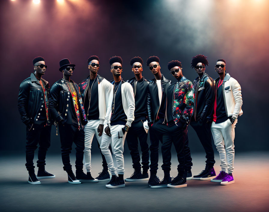 Eight stylish men in trendy black and white outfits with unique patterns and sunglasses against a dark backdrop