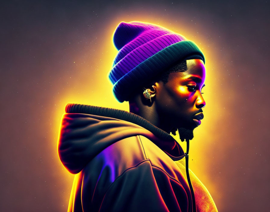 Colorful digital portrait of a man in profile with neon glows and dark background