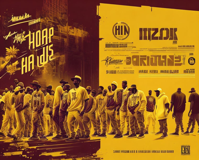 Stylized hip-hop themed poster with urban graphics and yellow-brown tones